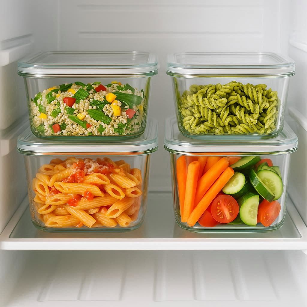 Essensreste werden in Glasbehältern im Kühlschrank aufbewahrt, um Lebensmittel zu retten.