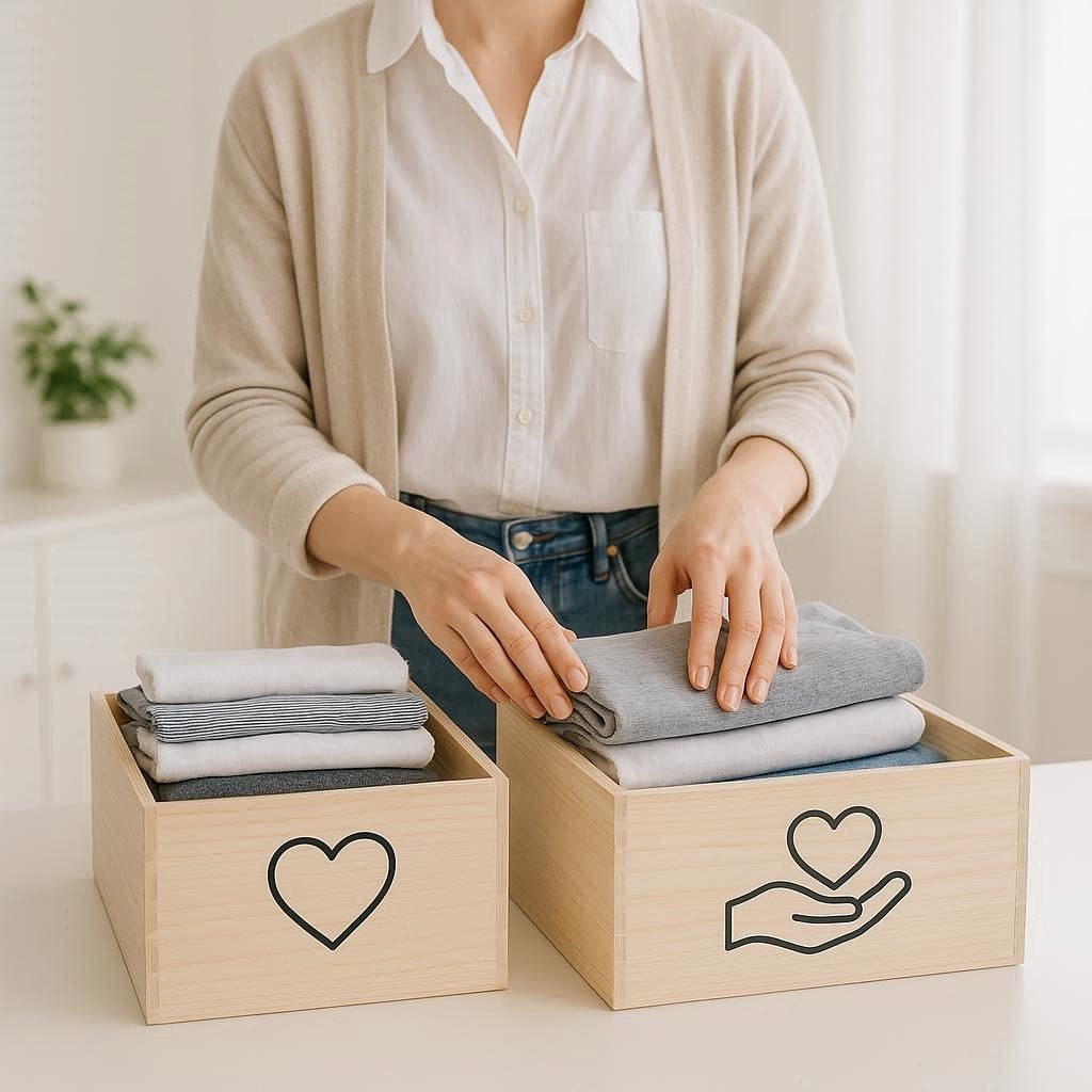 Eine Person sortiert Kleidung zum Entrümpeln nach den Minimalismus-Tipps.