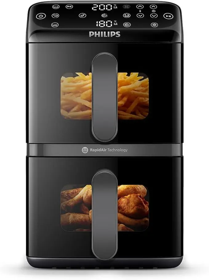 Die Philips Airfryer 4000 Series Stacked NA460 mit PFAS-freier Keramikbeschichtung im Vergleich für nachhaltige Heißluftfritteusen.