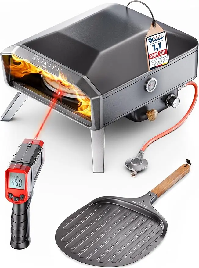 Schwarzer LIKAYA NeroSpin Gas-Pizzaofen mit Zubehör-Set und Cordierit-Pizzastein.