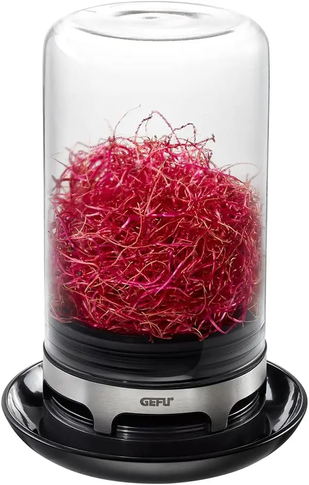 nachhaltige Keimgeräte im Vergleich: Das GEFU BIVITA Sprossenglas aus Glas und Edelstahl mit Belüftungssystem.