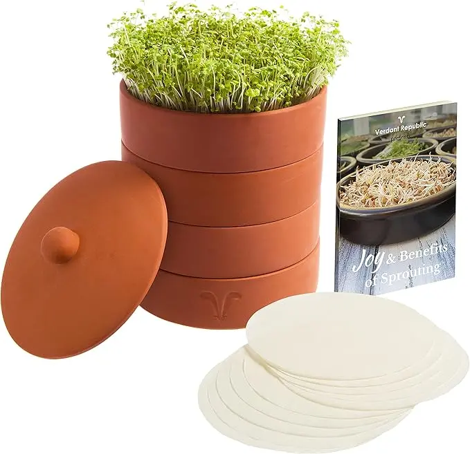 nachhaltige Keimgeräte im Vergleich: Das 3-stufige Terrakotta Tonsaatset von Verdant Republic für die plastikfreie Sprossenanzucht.
