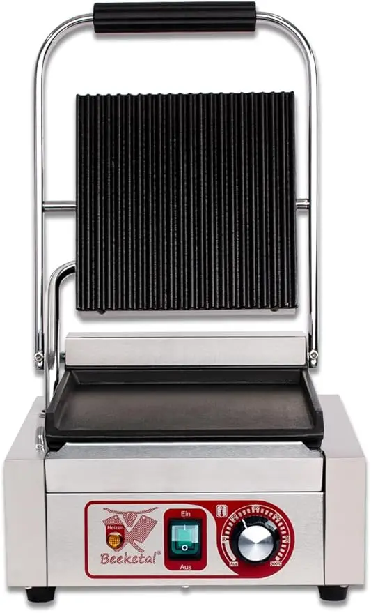 Beeketal BKG2 Gastro-Kontaktgrill mit Hybrid-Platten aus Gusseisen im Vergleich für nachhaltige Kontaktgrills.
