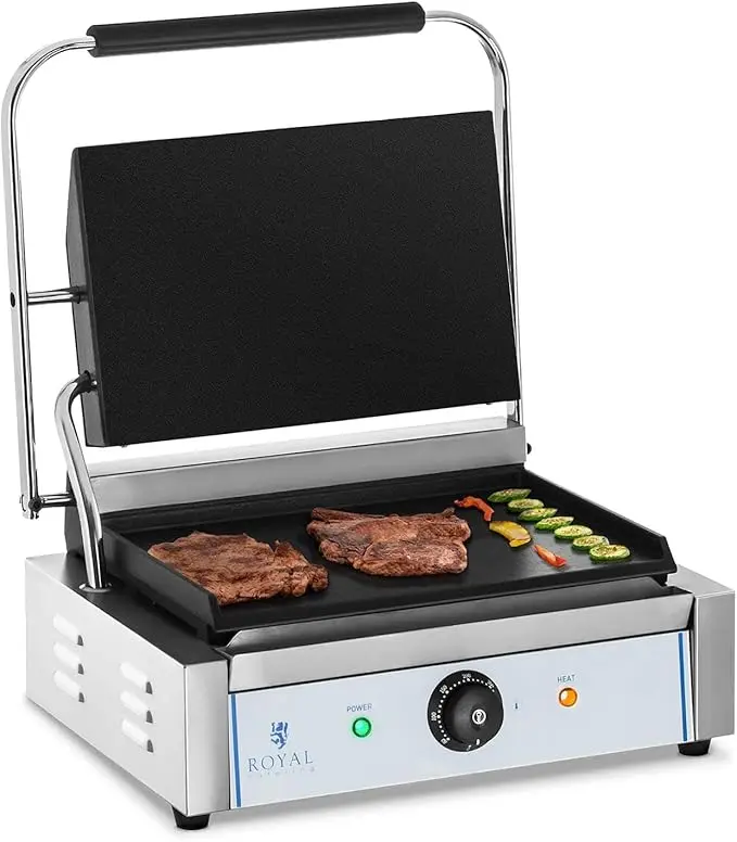 Professioneller Royal Catering Gastro-Grill im Vergleich für nachhaltige Kontaktgrills aus Edelstahl und Gusseisen.