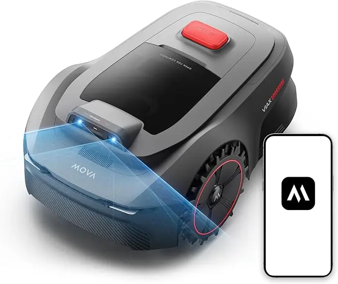 nachhaltige Mähroboter im Vergleich: Der MOVA ViAX 250 mit Dual-Vision-Kamera und KI-Hinderniserkennung.