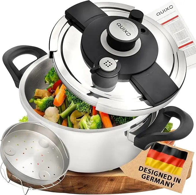 nachhaltige Schnellkochtöpfe im Vergleich: Der QUIXO VitaSmart 4L mit Ein-Hand-Verschluss und NutriBoost-Ringen.