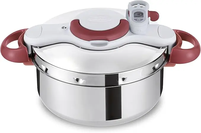nachhaltige Schnellkochtöpfe im Vergleich: Der Tefal Clipso Minut' Perfect mit Ein-Hand-Verschluss und digitalem Timer.