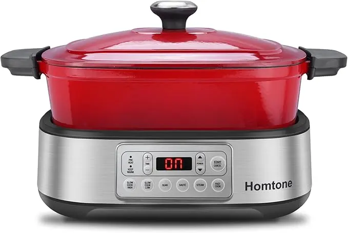 nachhaltige Schongarer Vergleich: Der Homtone 6-in-1 Multikocher mit emailliertem Gusseisentopf für gesundes Kochen.