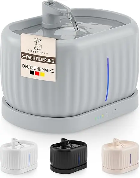 Kabelloser Keramik-Trinkbrunnen von Pretty Paw mit Bewegungssensor im Vergleich für nachhaltige Trinkbrunnen.
