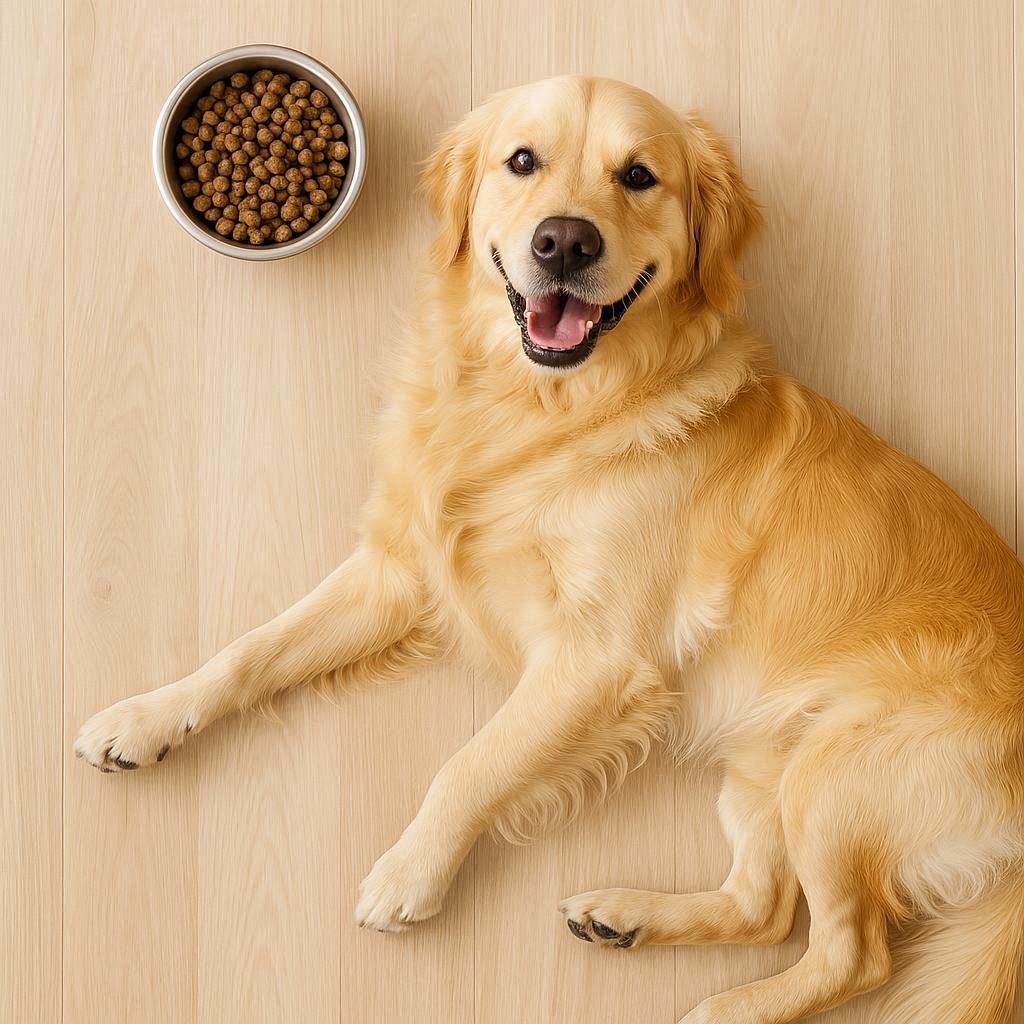 Ein glücklicher Hund sitzt vor einem Napf mit nachhaltigem Hundefutter.