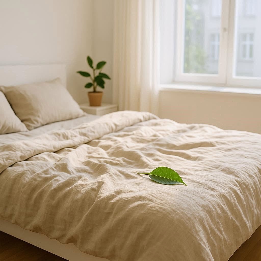 Ein gemütliches Bett mit nachhaltige Bettwäsche aus Leinen.