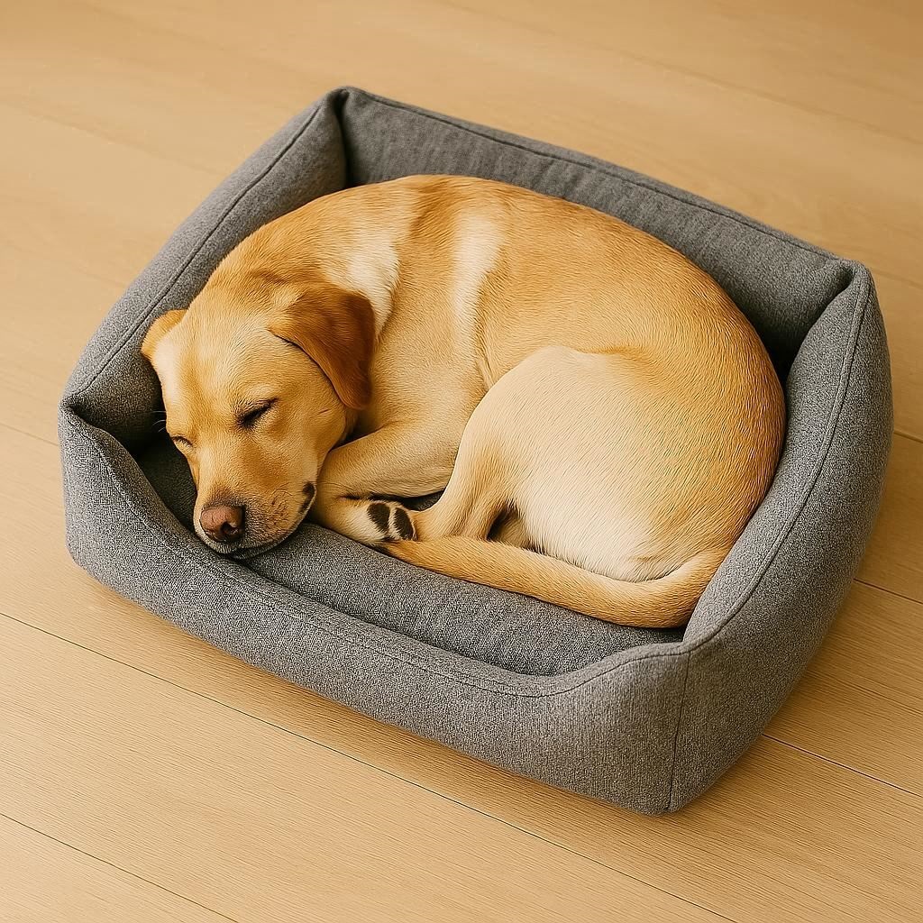 Ein Hund schläft in einem bequemen, nachhaltigen Hundebett.