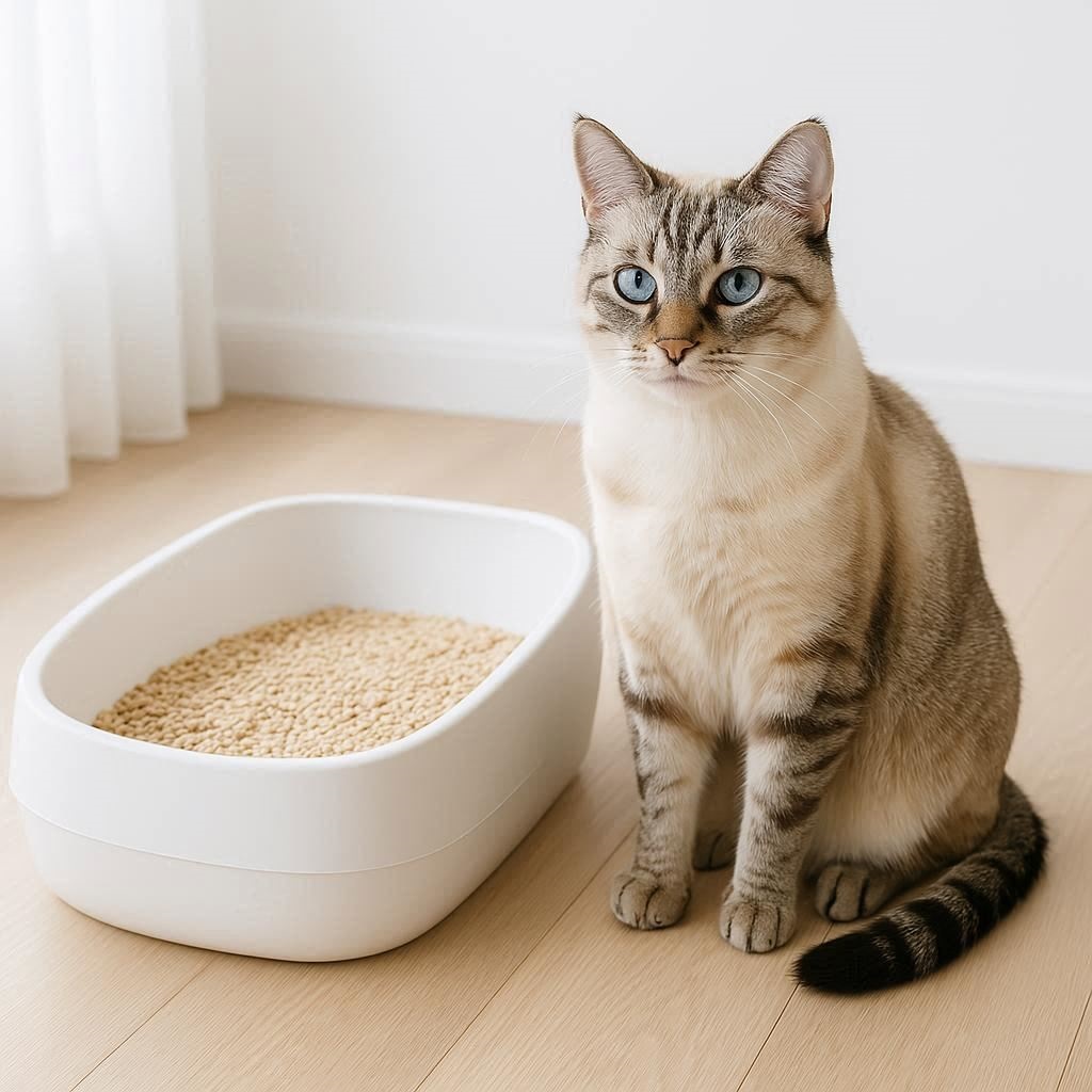 Eine Katze neben einer Katzentoilette mit nachhaltigem Öko Katzenstreu.