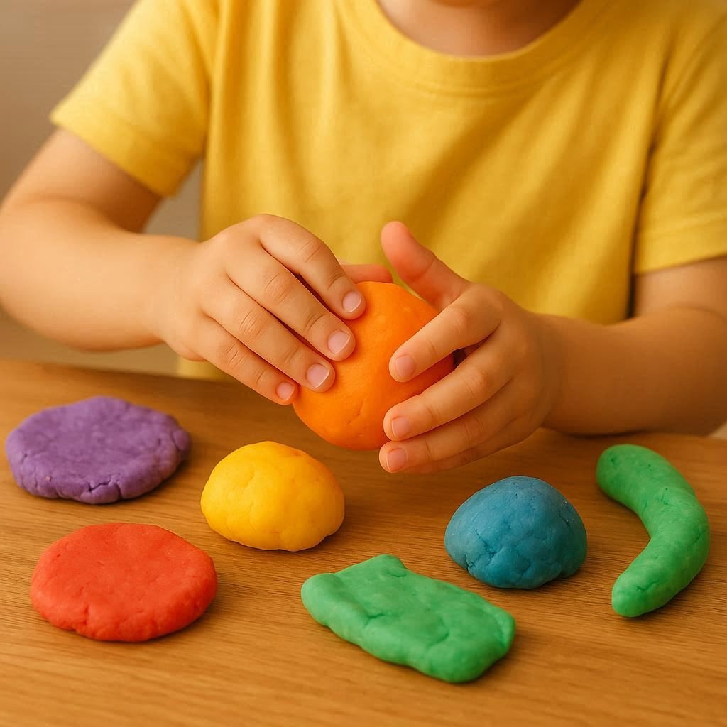 Ein Kind formt bunte, ungiftige Knete als Teil einer Anleitung zum Knete selber machen.