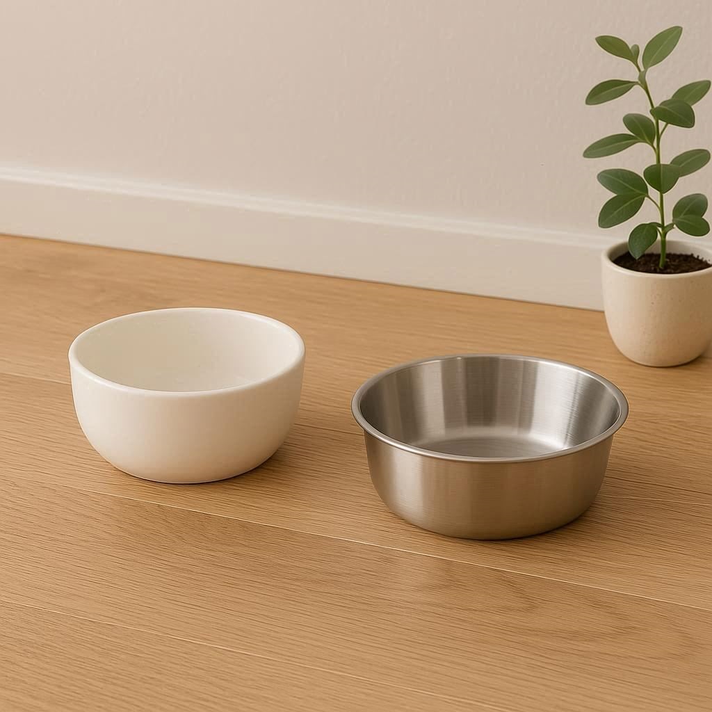 Fünf Modelle nachhaltige Futternäpfe aus Keramik, Edelstahl und Naturmaterialien