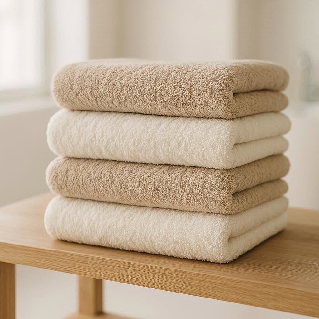 Stapel von flauschigen nachhaltige Handtücher aus Bio-Baumwolle.