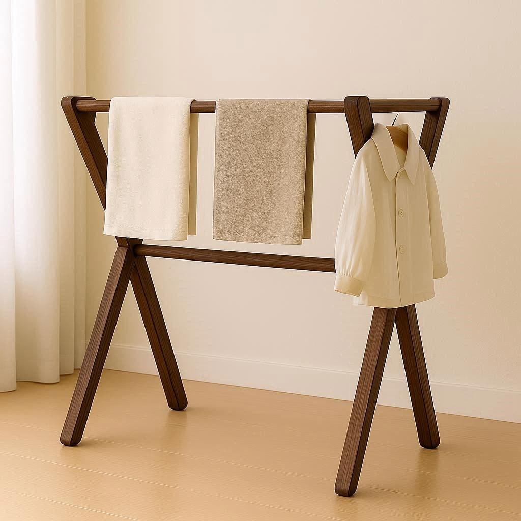 Ein stabiler, nachhaltiger Wäscheständer aus Holz in einer modernen Wohnung.
