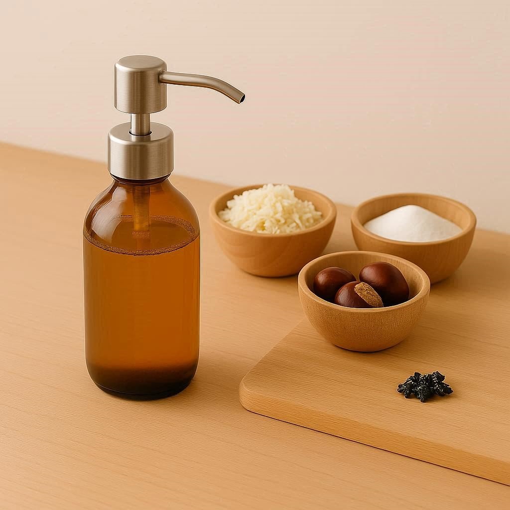 Zutaten für DIY Spülmittel selber machen: Kernseife, Soda und Rosskastanien.