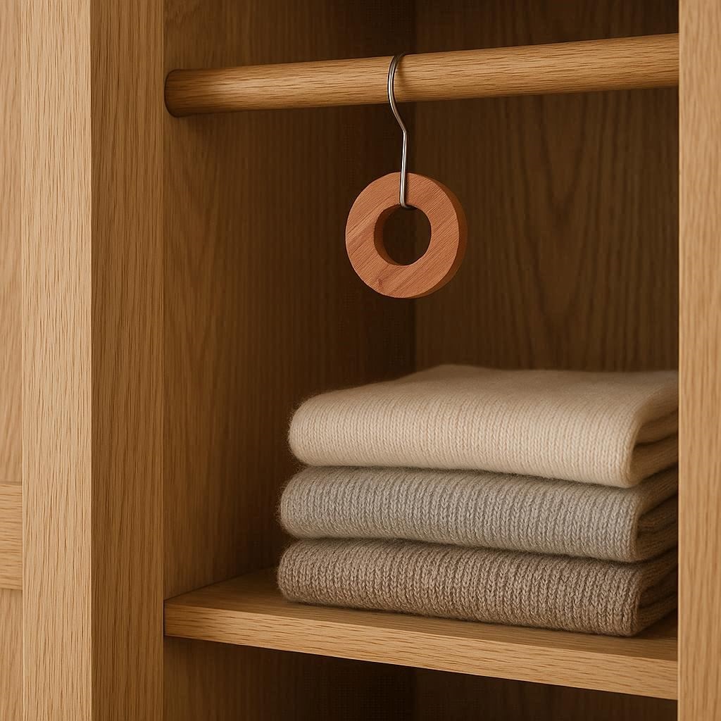 Nachhaltiger Mottenschutz im Kleiderschrank: Zedernholz-Kugeln und Lavendelsäckchen als chemiefreie Alternative.