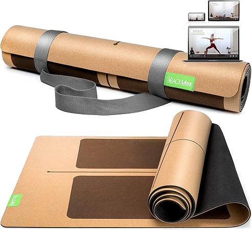 BACKLAXX Yogamatte aus Kork und Naturkautschuk nachhaltig und schadstofffrei mit Anti-Rutsch-Zonen.