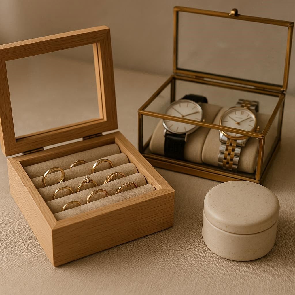 Nachhaltige Schmuckkästchen im Vergleich: Die besten Organizer aus Massivholz, Glas und Metall für Uhren und Schmuck.