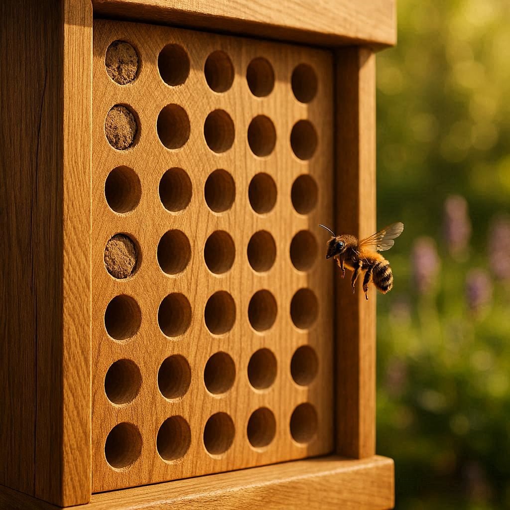 Nachhaltige Bienenhotels im Vergleich: Eine artgerechte Nisthilfe aus Massivholz in einem blühenden Frühlingsgarten.