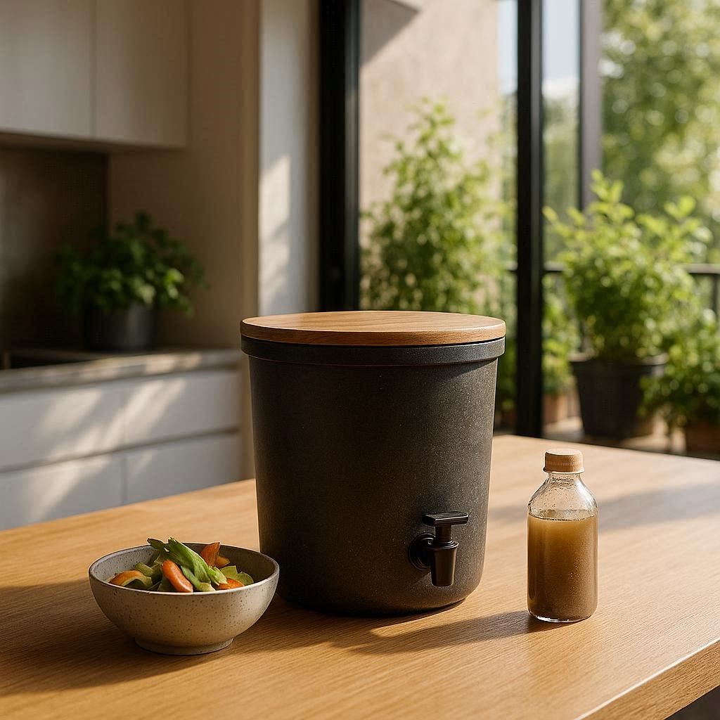 Nachhaltige Bokashi-Eimer im Vergleich: Ein modernes Kompost-System für die geruchlose Fermentation in der Küche.