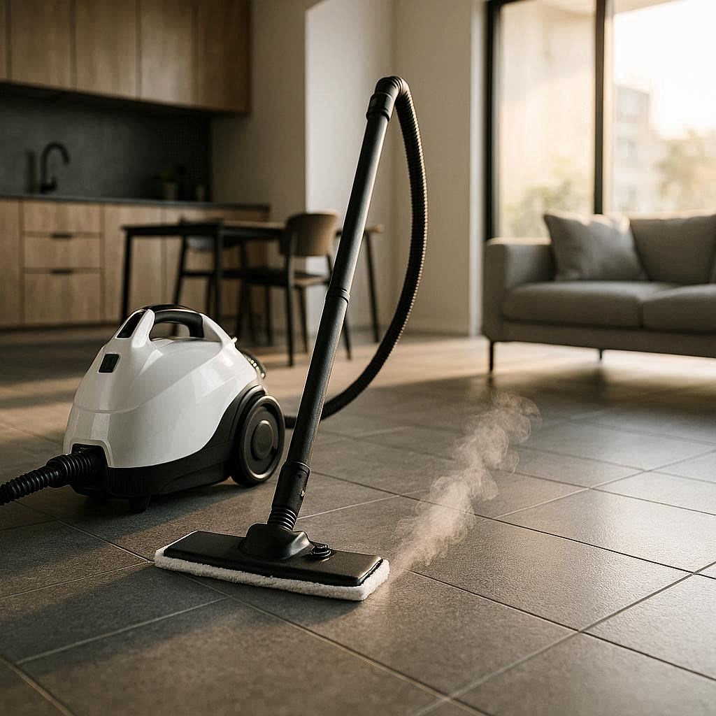 Nachhaltige Dampfreiniger im Vergleich: Ein modernes Hochleistungs-Modell zur schadstofffreien Bodenreinigung in einem lichtdurchfluteten Wohnraum.