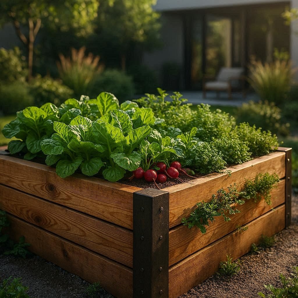 Nachhaltige Hochbeete im Vergleich: Ein hochwertiges Hochbeet aus Lärchenholz in einem modernen Gemüsegarten.