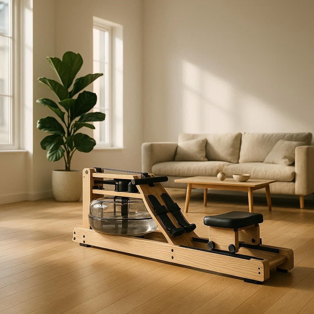 Nachhaltige Rudergeräte im Vergleich: Ein hochwertiges Wasser-Rudergerät aus massivem Eschenholz in einem modern eingerichteten Wohnzimmer.