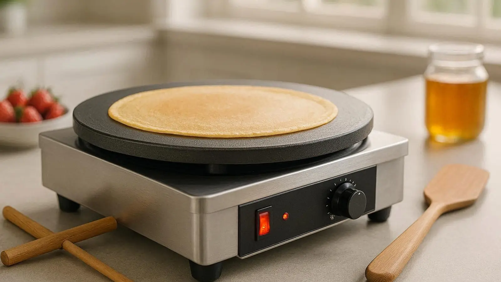 nachhaltige Crepe-Maker im Vergleich: Ein professionelles Gerät mit langlebiger Platte für die schadstofffreie Zubereitung. (Symbolbild - KI-generiert)