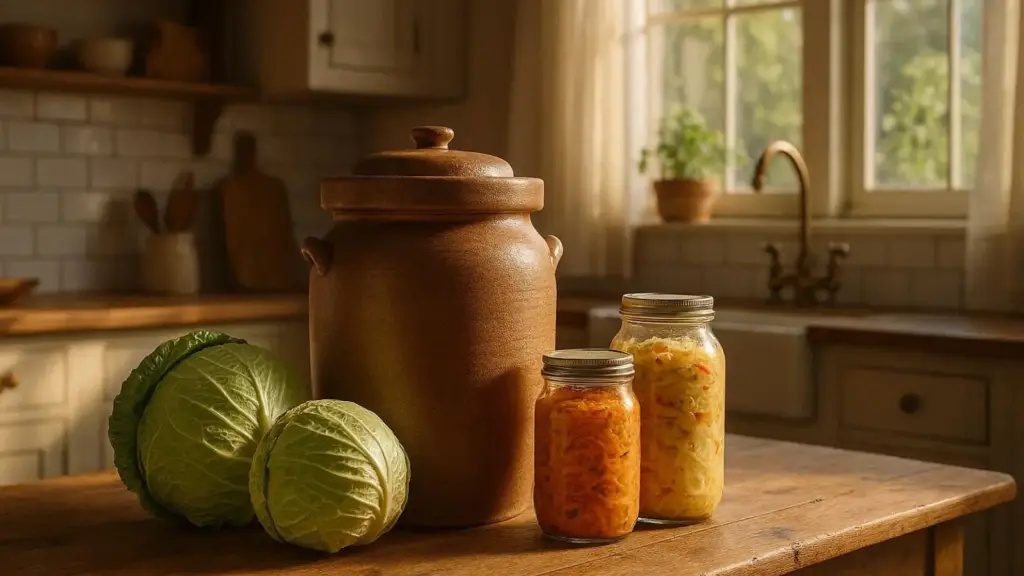 Nachhaltige Gärtöpfe im Vergleich: Ein klassischer Gärtopf Steinzeug für die traditionelle Fermentation ohne Plastik.
