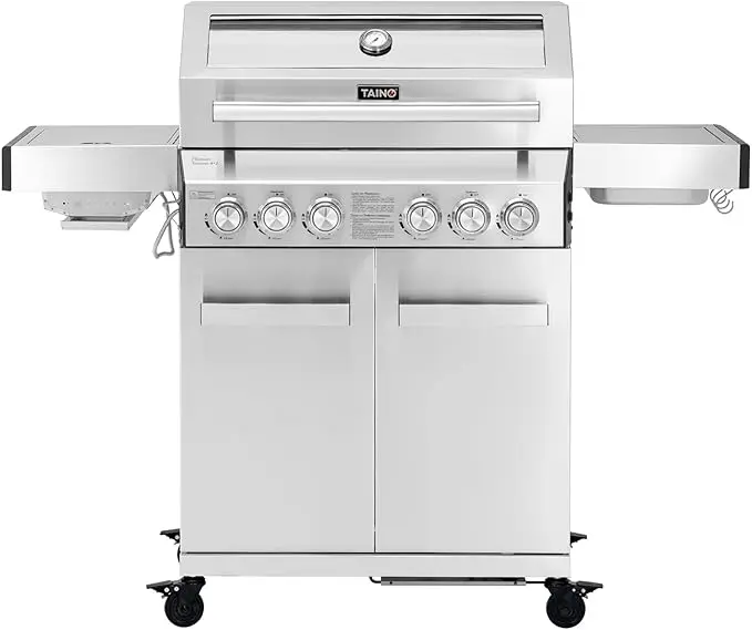 nachhaltige Gasgrill Station im Vergleich: Der TAINO Platinum Yamara 4+2 aus Edelstahl mit Sichtfenster und Keramikbrennern.