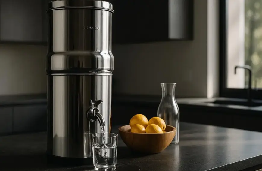 nachhaltige Gravitations-Wasserfilter im Test: Ein massives Schwerkraft-Wasserfilter System aus Edelstahl für schadstofffreie Wasseraufbereitung.