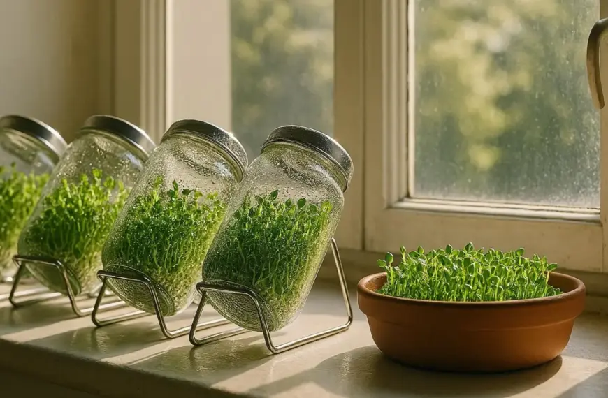 nachhaltige Keimgeräte im Vergleich: Hochwertige Sprossengläser und Keimschalen aus Glas und Ton für die Fensterbank.
