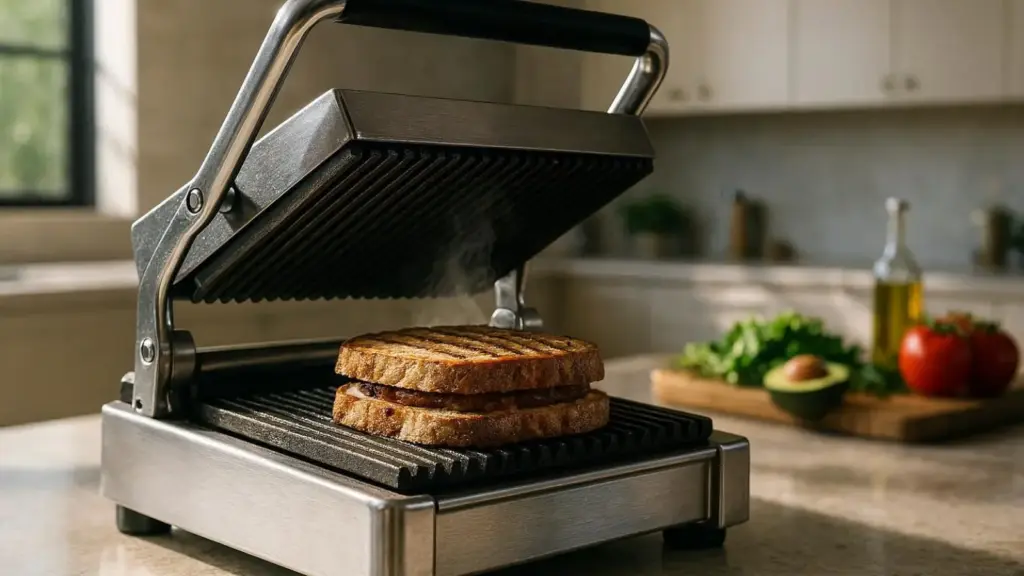 nachhaltige Kontaktgrills im Vergleich: Ein professionelles Modell aus Edelstahl und Gusseisen für gesundes Grillen ohne Beschichtung.