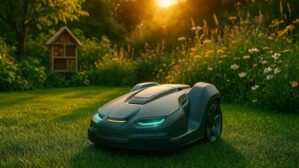 Nachhaltige Mähroboter im Vergleich: Ein modernes Modell mit Sensoren für Tierschutz und effiziente Rasenpflege.