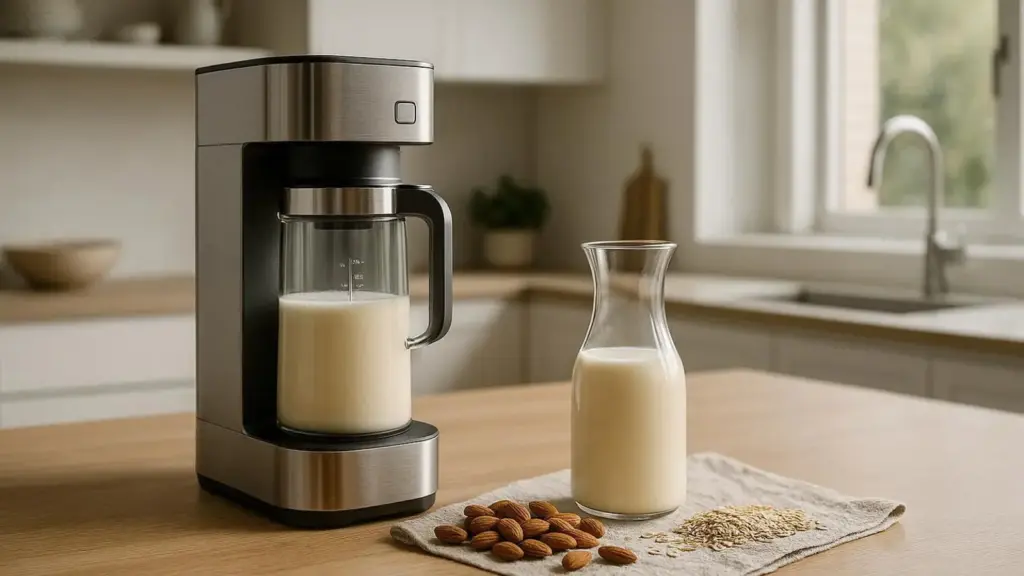 Nachhaltige Nussmilchbereiter im Vergleich: Ein hochwertiges Gerät aus Edelstahl bereitet frische Pflanzenmilch ohne Plastik-Kontakt zu.