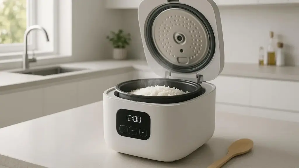 Nachhaltige Reiskocher im Vergleich: Ein modernes Elektro-Modell mit einem schadstofffreien Keramik-Innentopf für die schadstofffreie Küche.