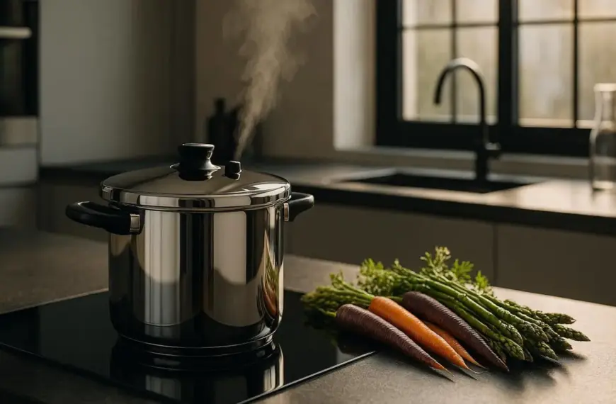 nachhaltige Schnellkochtöpfe im Test: Ein hochwertiges Edelstahl-Modell für vitaminschonendes und PFA-freies Garen.
