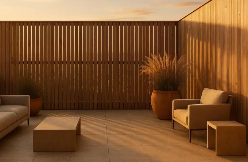 nachhaltige Sichtschutzwände im Test: Ein modernes Sichtschutz Garten Holz System aus unbehandelter Lärche für die Terrasse.