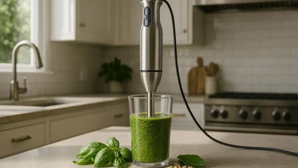 nachhaltige Stabmixer im Vergleich: Ein hochwertiges Modell aus Edelstahl bei der Zubereitung gesunder Smoothies.