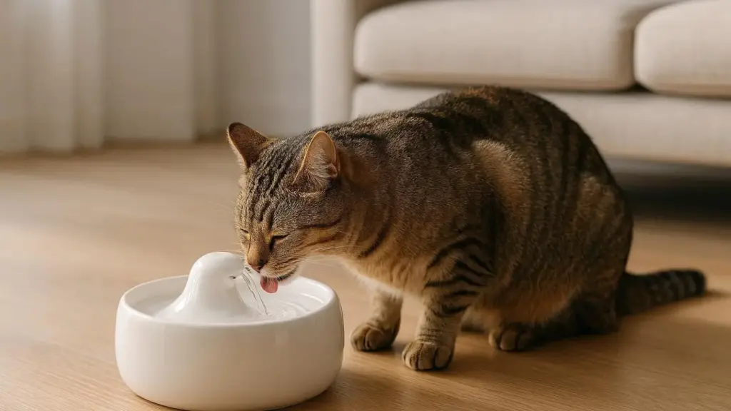 nachhaltige Trinkbrunnen im Vergleich: Eine Katze trinkt aus einem hygienischen und schadstofffreien Keramik-Brunnen.