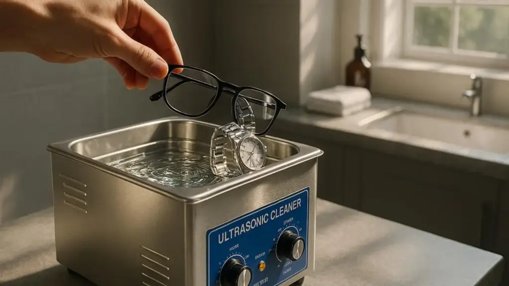 nachhaltige Ultraschallreiniger im Vergleich: Ein hochwertiges Edelstahlgerät zur chemiefreien Reinigung von Brillen und Schmuck.