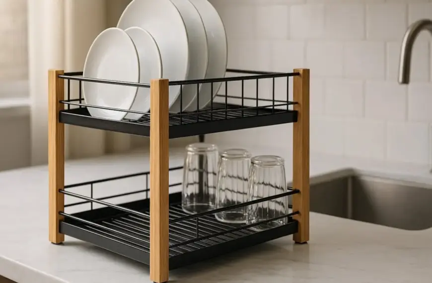 nachhaltige Abtropfgestelle im Vergleich: Ein hochwertiges Abtropfgestell aus Edelstahl und Bambus steht auf einer modernen Küchenzeile.