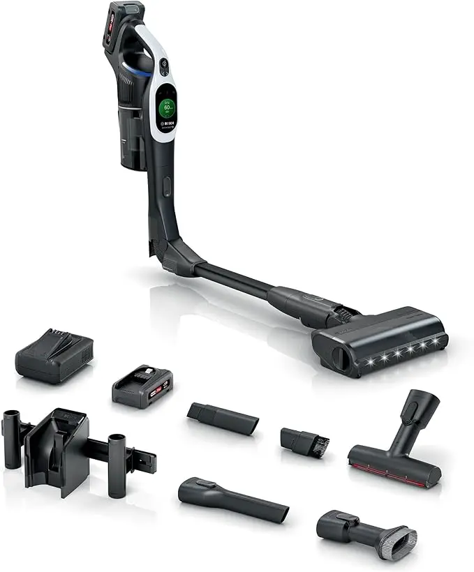 nachhaltige Akku Staubsauger im Vergleich: Der Bosch Unlimited 10 in Weiß mit TFT-Display und Knickrohr.
