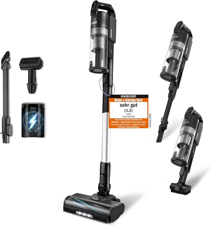 nachhaltige Akku Staubsauger im Vergleich: Der Levoit LVAC-200 MAX in Grau mit LED-Stauberkennung.