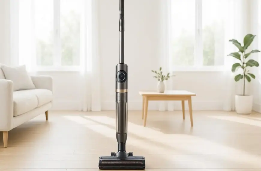 nachhaltige Akku Staubsauger im Vergleich: Ein hochwertiger kabelloser Staubsauger in einem hellen, lichtdurchfluteten Wohnzimmer