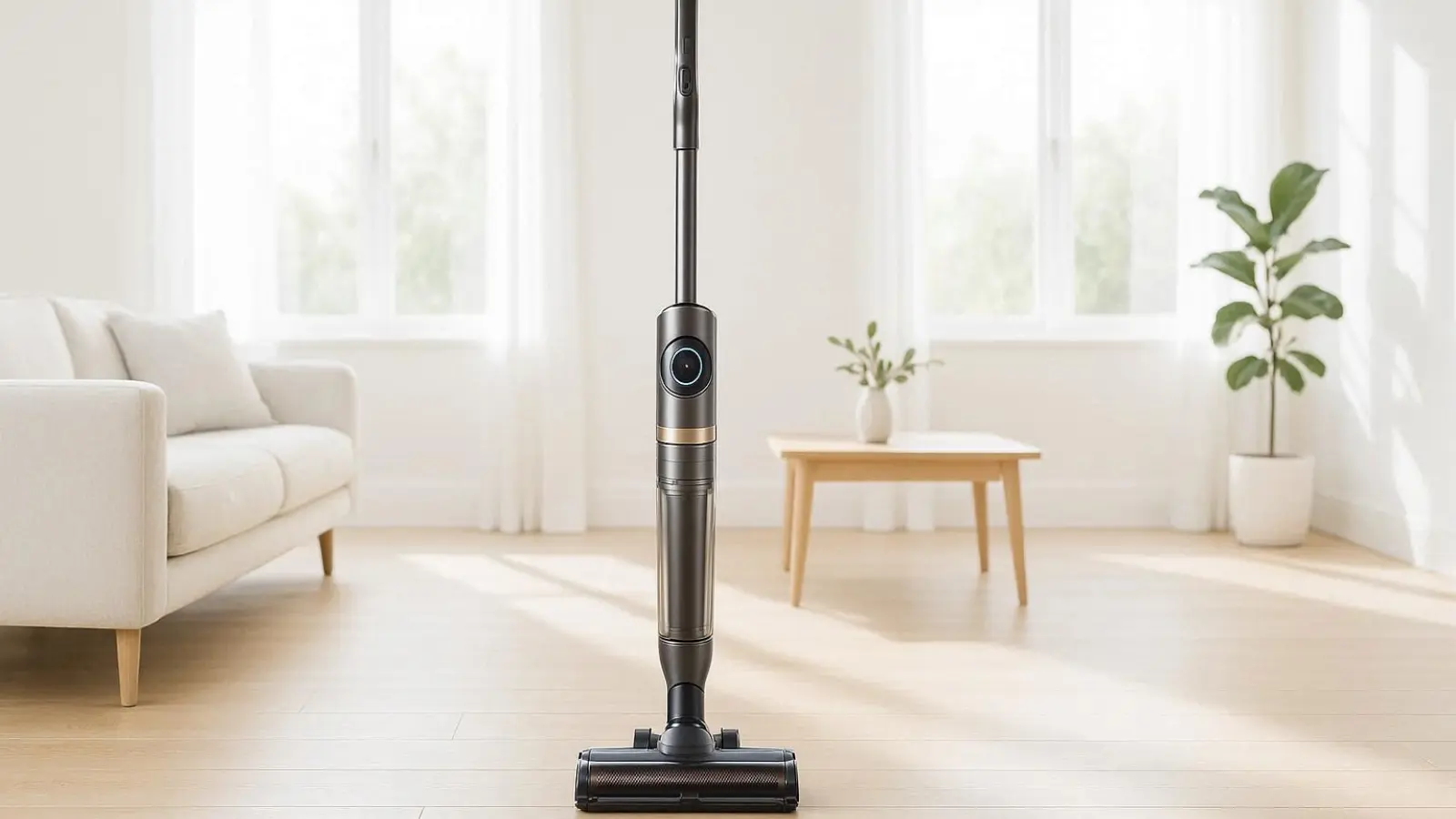 nachhaltige Akku Staubsauger im Vergleich: Ein hochwertiger kabelloser Staubsauger in einem hellen, lichtdurchfluteten Wohnzimmer