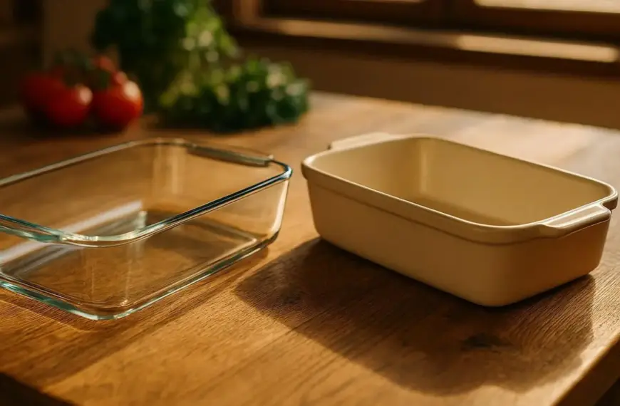 nachhaltige Auflaufformen im Vergleich: Hochwertige Auflaufformen aus Glas und Keramik stehen auf einem Holztisch.